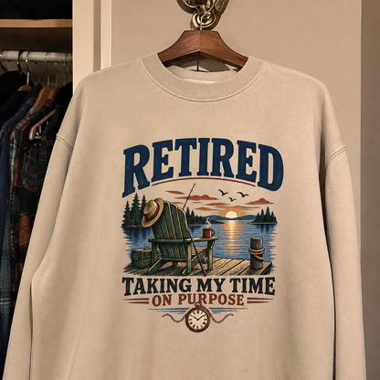 Cream vintage sweatshirt hanging with printed RETIRED Taking My Time On Purpose lake design
