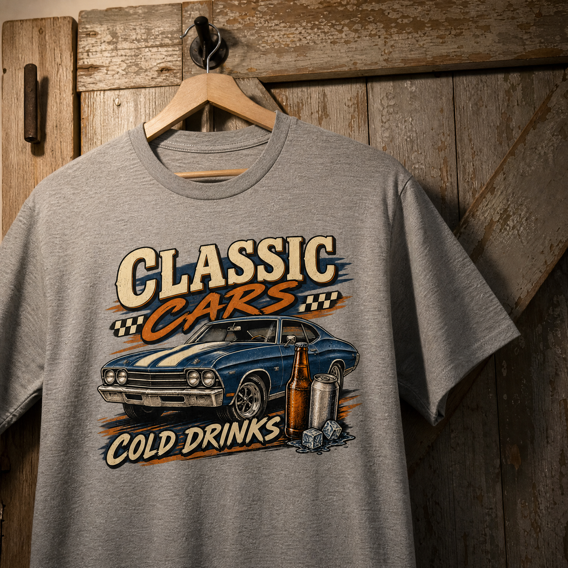 Gray vintage t-shirt hanging with printed Classic Cars Cold Drinks design and retro car