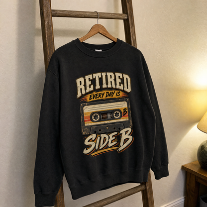 Vintage sweatshirt hanging with printed “38 Every Day Is Side B” design, front view