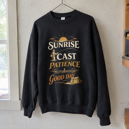 Black vintage sweatshirt hanging with printed Sunrise Cast Patience Good Day fishing design