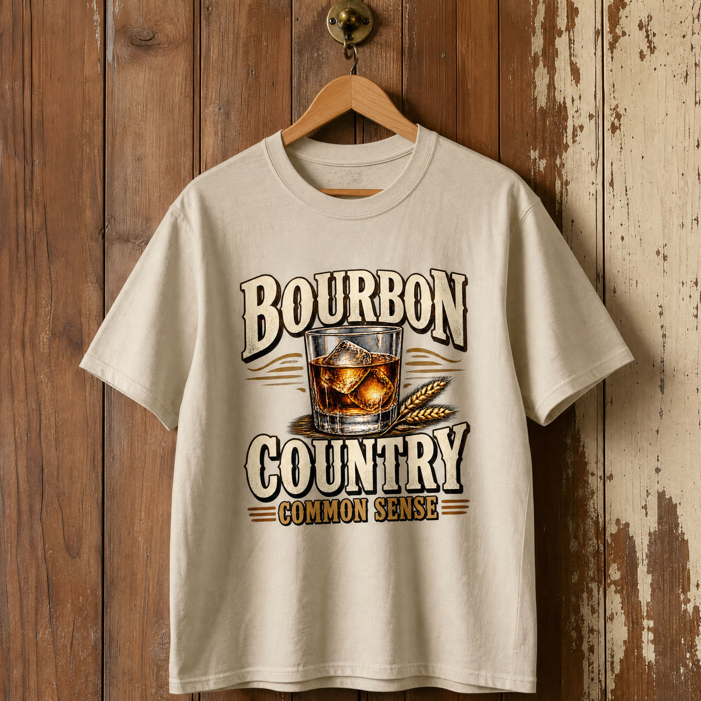 Cream vintage t-shirt hanging with printed Bourbon Country Common Sense design on wooden wall