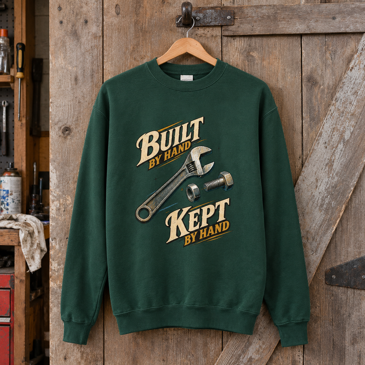 Green vintage sweatshirt with printed Build By Hand. Keep It By Hand design hanging in workshop.