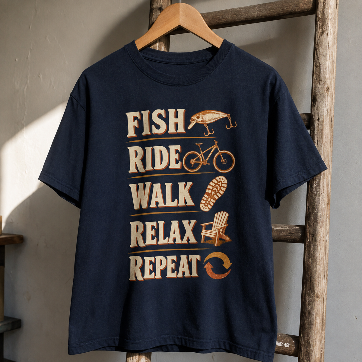 Navy vintage t-shirt with printed Fish Ride Walk Relax Repeat slogan, hanging on wooden ladder