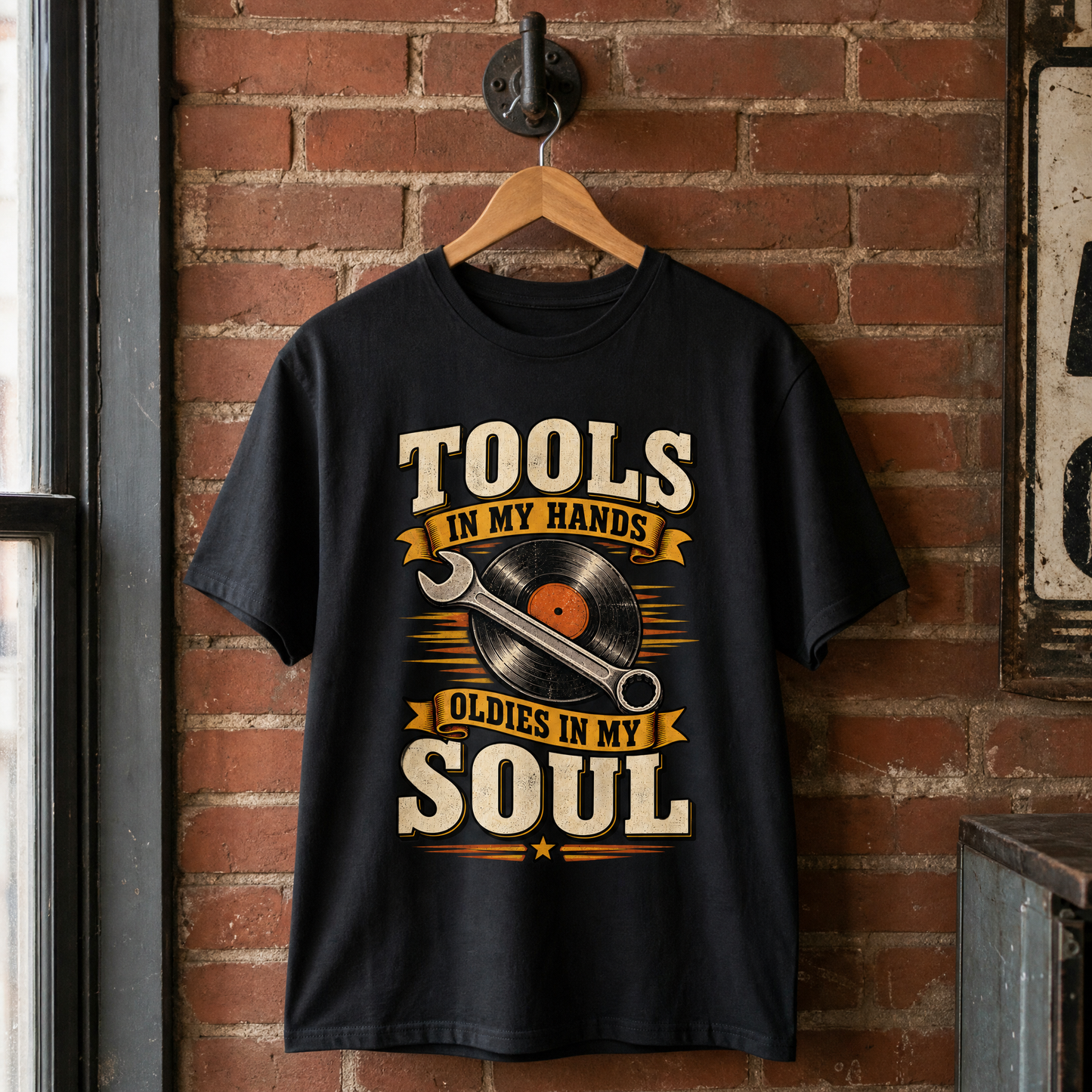 Vintage t-shirt hanging with printed “34 tools in my hands oldies in my soul” slogan