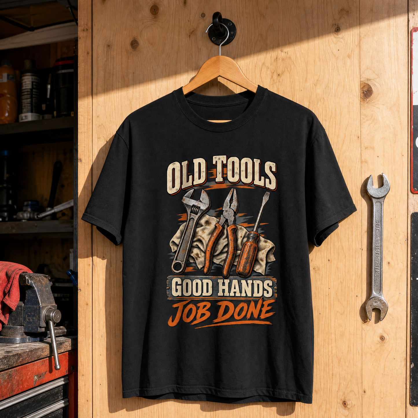 Black vintage t-shirt hanging with printed Old Tools Good Hands Job Done design, tools graphic