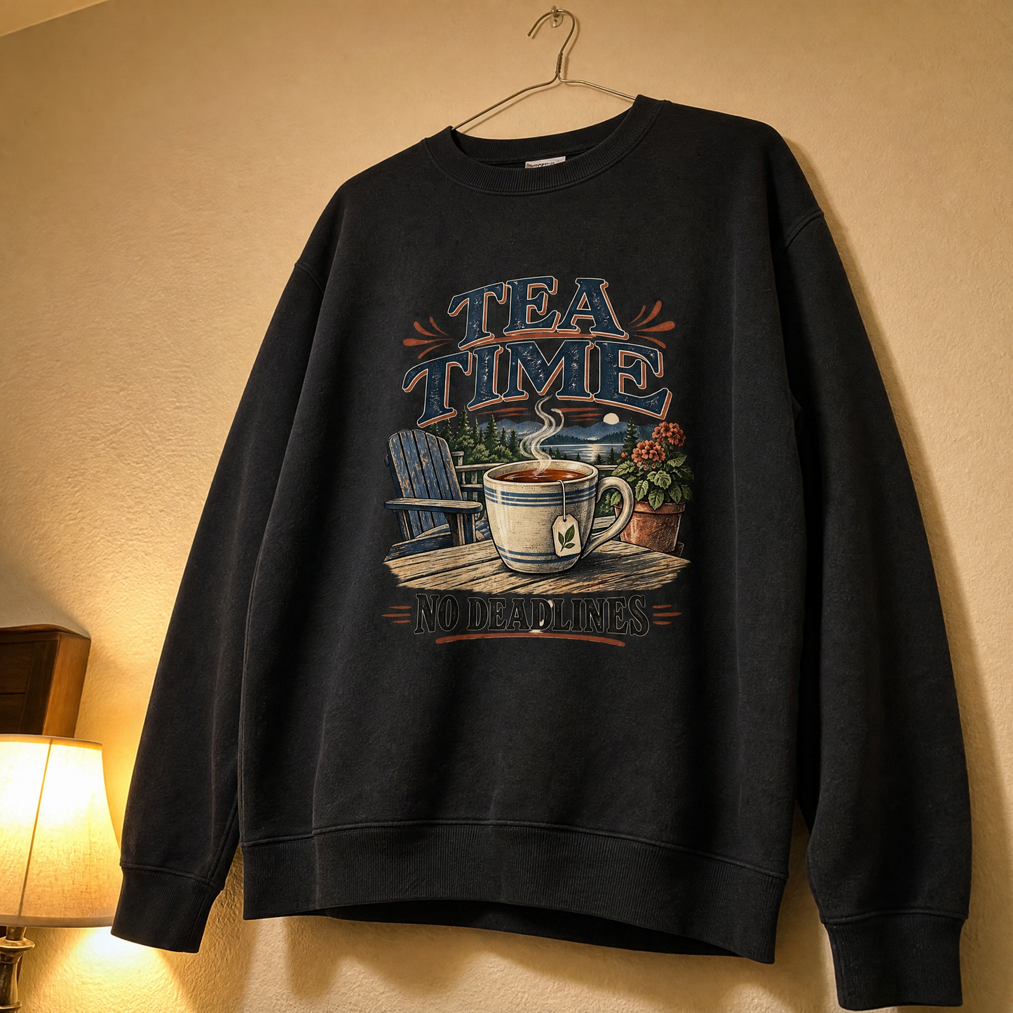 Black vintage sweatshirt hanging with printed Tea Time. No Deadlines design and scenic tea cup graphic