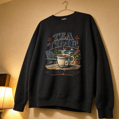 Black vintage sweatshirt hanging with printed Tea Time. No Deadlines design and scenic tea cup graphic
