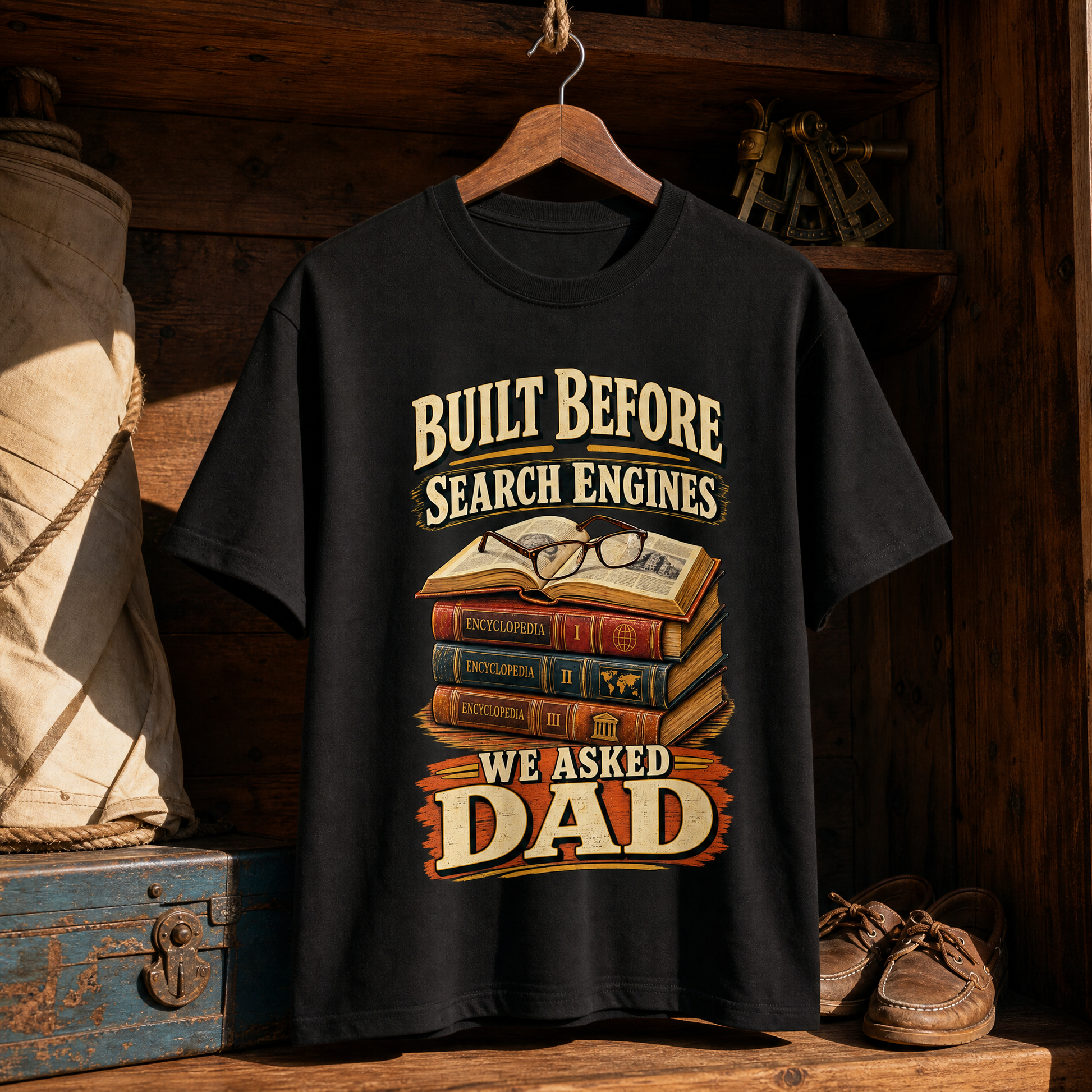 Black vintage t-shirt hanging with printed “Built Before Search Engines We Asked Dad” slogan