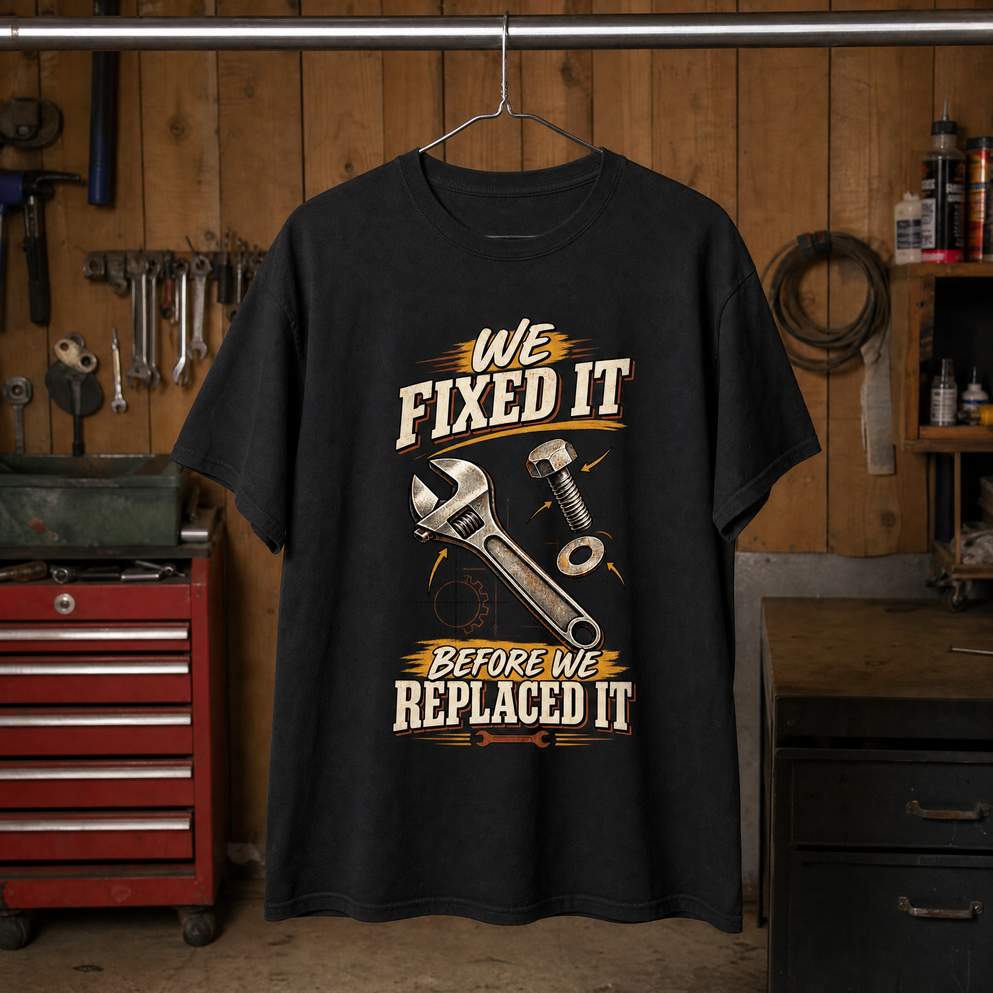 Black vintage t-shirt with printed “We Fixed It Before We Replaced It” slogan, hanging in workshop