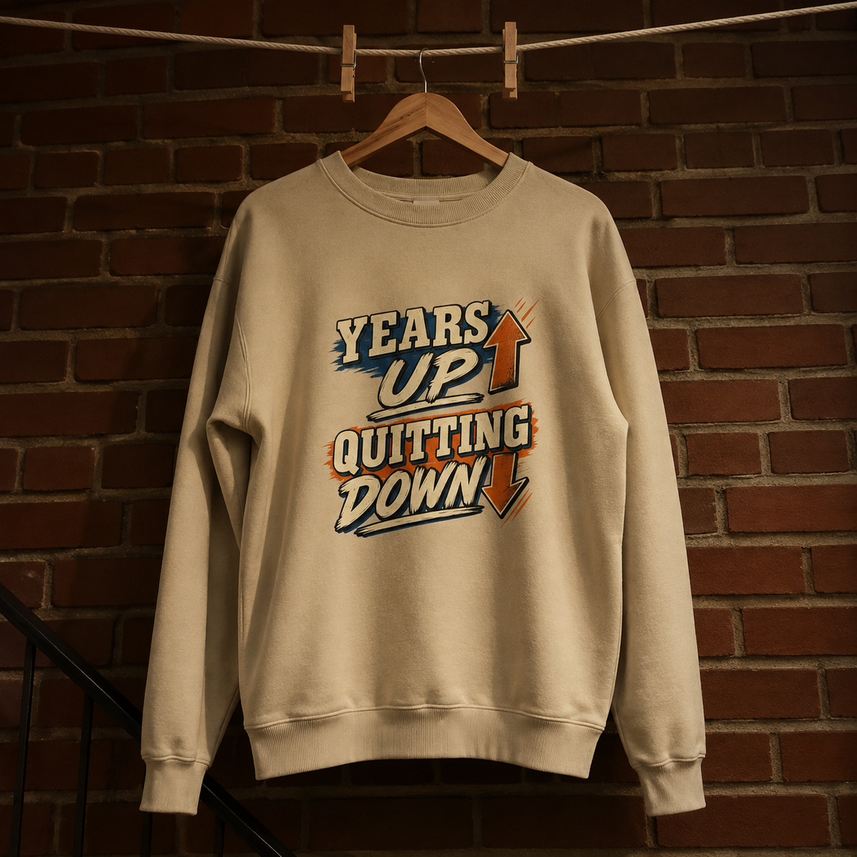 Beige vintage sweatshirt hanging on a hanger, printed with Years Up. Quitting Down.