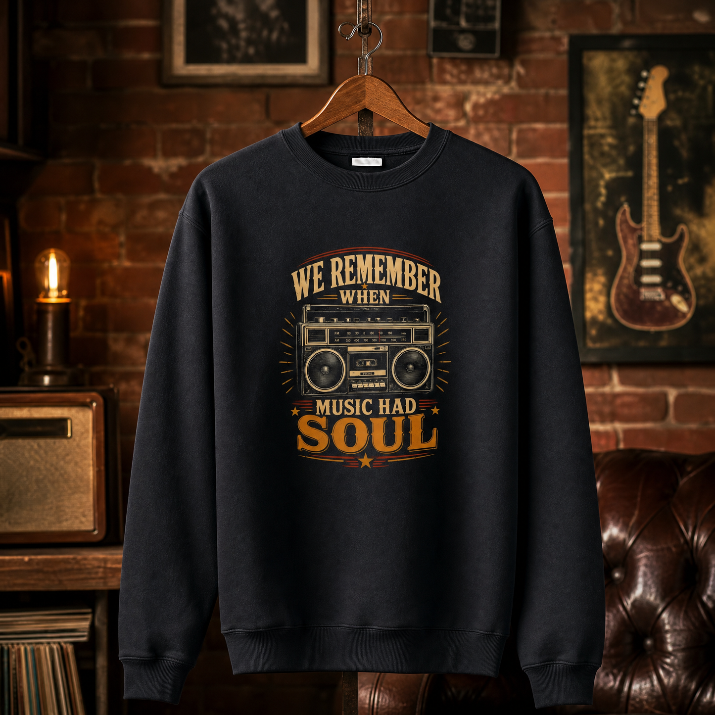 Hanging vintage sweatshirt with printed We remember music soul tee slogan design