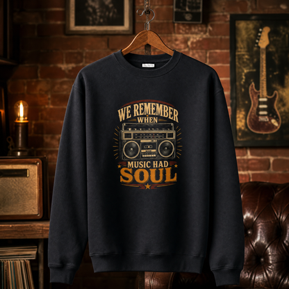 Hanging vintage sweatshirt with printed We remember music soul tee slogan design