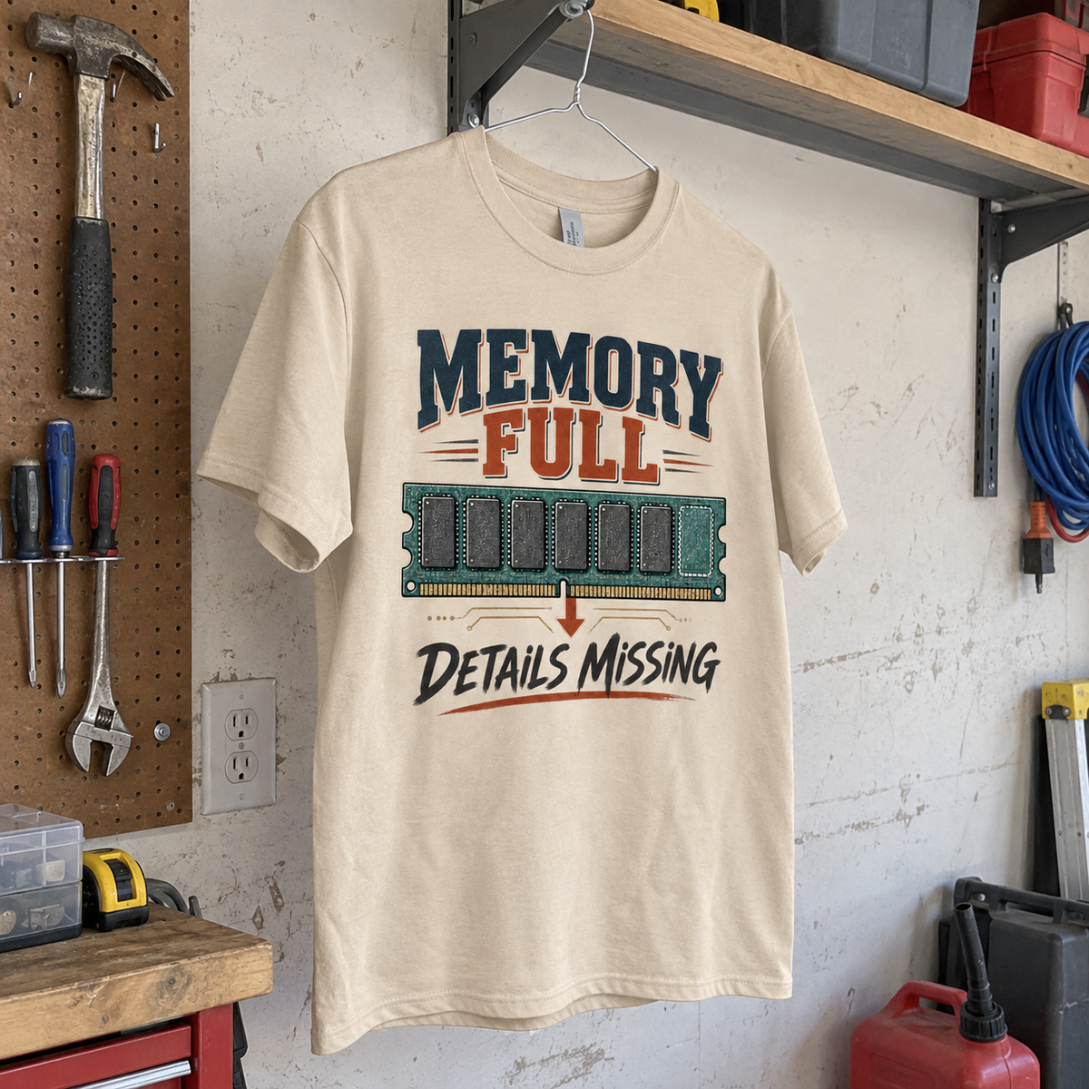 Cream vintage t-shirt hanging in a workshop with printed Memory Full Details Missing RAM design.