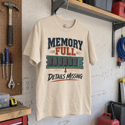 Cream vintage t-shirt hanging in a workshop with printed Memory Full Details Missing RAM design.