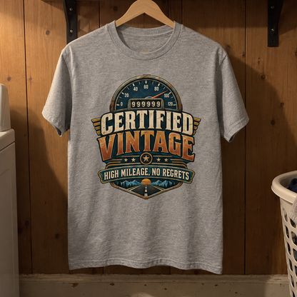 Gray vintage t-shirt hanging in laundry room with printed Certified Vintage High Mileage, No Regrets.