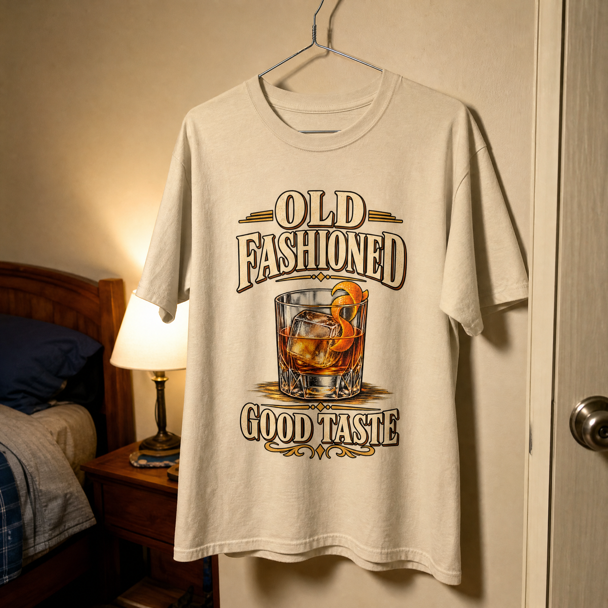 Cream vintage t-shirt hanging with printed “Old Fashioned Good Taste” cocktail design.