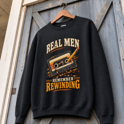 45 real men remember rewinding ideogram 4x printed vintage sweatshirt hanging.