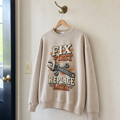 Beige vintage sweatshirt hanging, featuring printed “Fix First. Replace Later” wrench design.