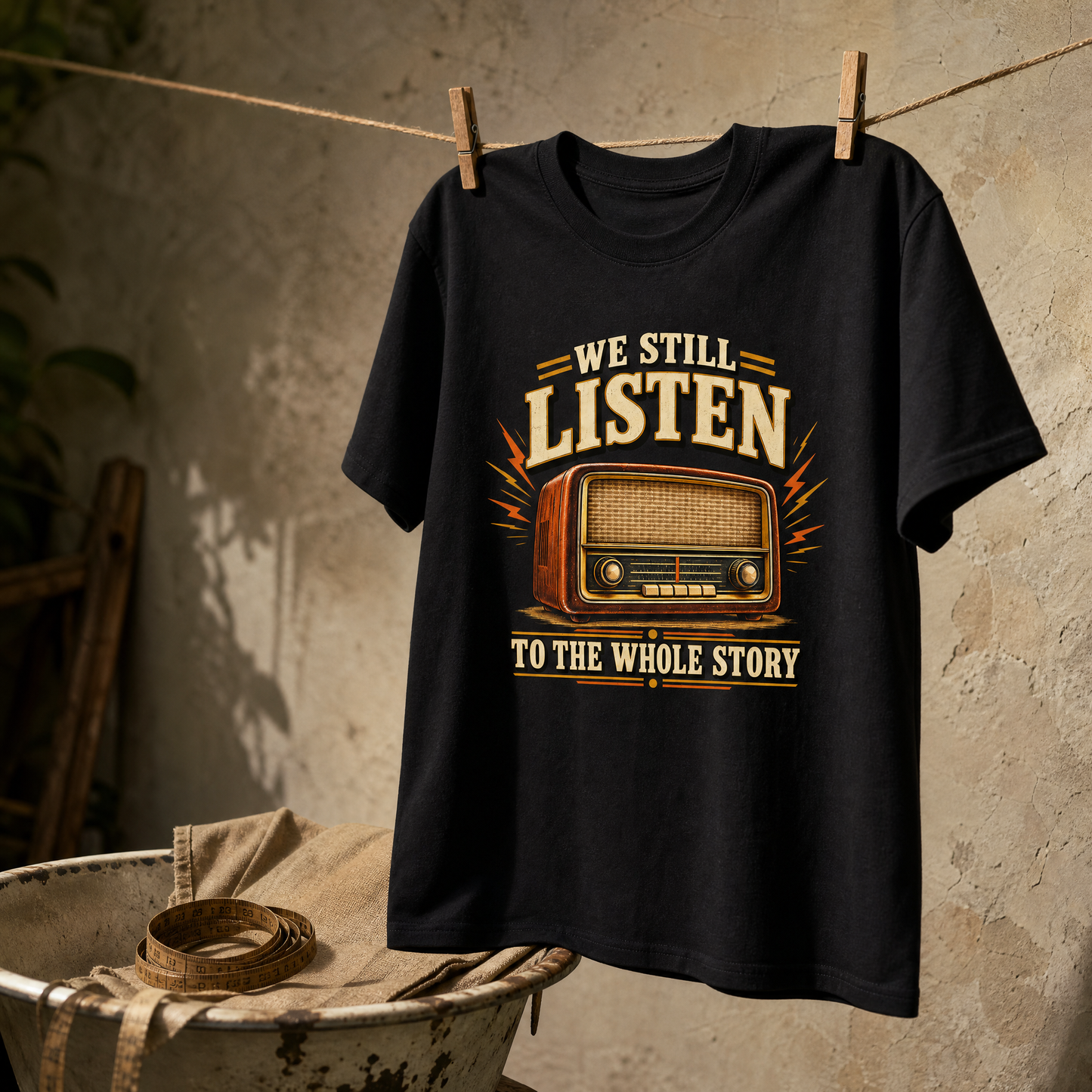 Black vintage t-shirt hanging with printed retro radio and “We Still Listen” slogan