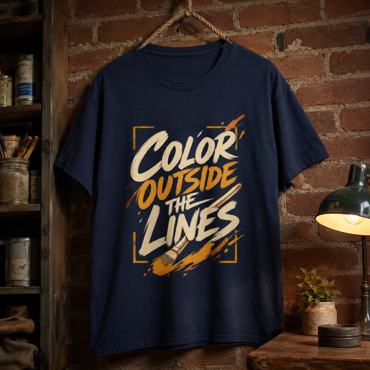 Navy vintage t-shirt hanging with printed Color Outside The Lines artwork in studio scene