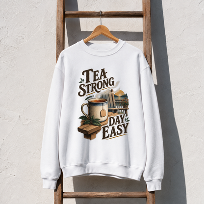 White vintage sweatshirt hanging with printed Tea Strong Day Easy design