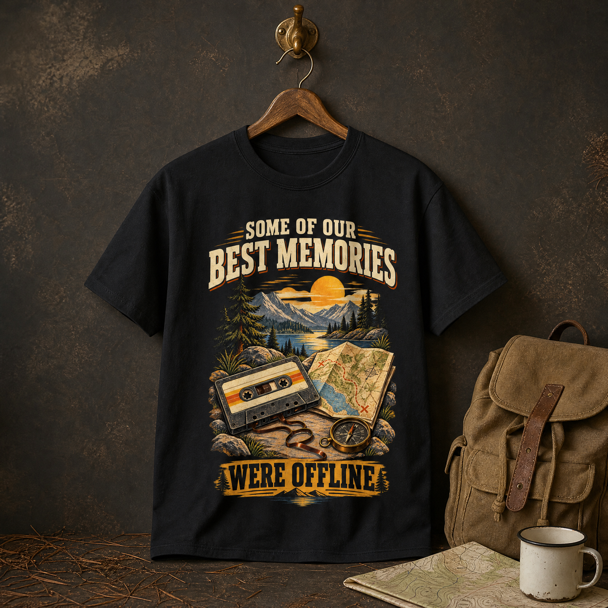 Black vintage t-shirt hanging with printed “Some Of Our Best Memories Were Offline” design