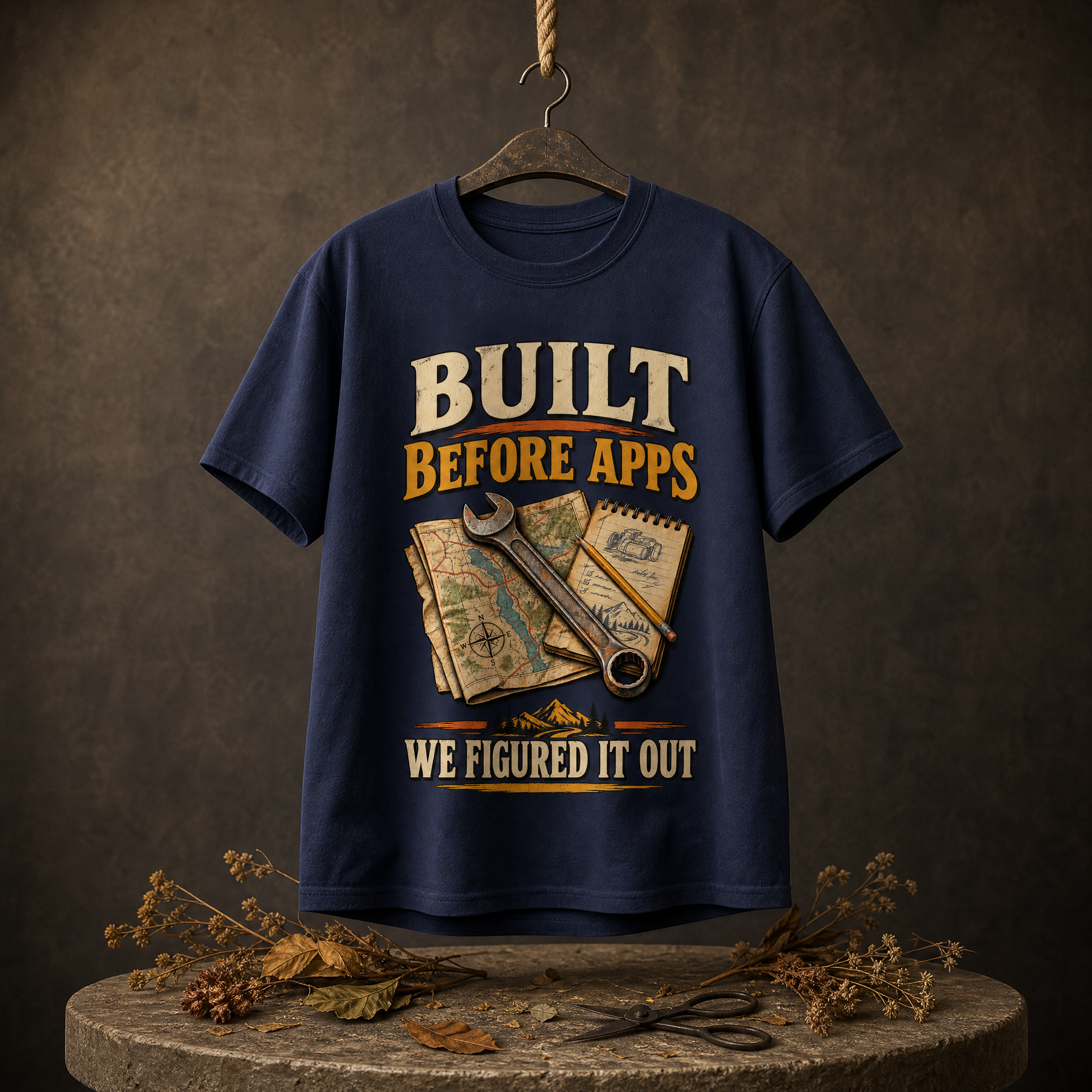 Navy vintage t-shirt hanging with printed Built Before Apps We Figured It Out design