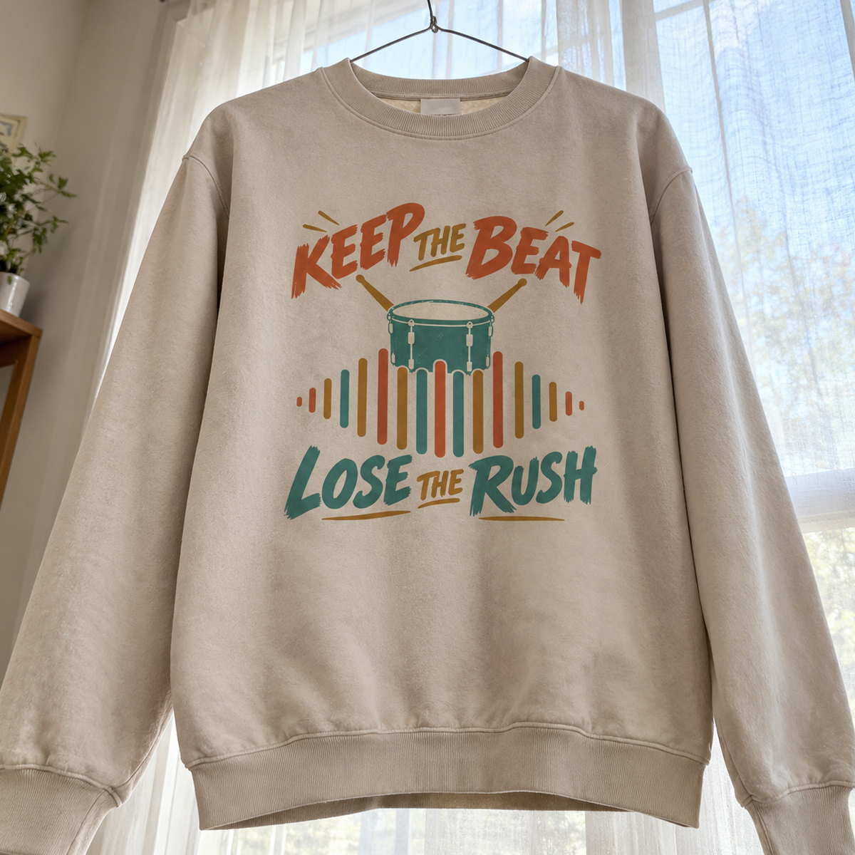 Cream vintage sweatshirt hanging with printed Keep The Beat Lose The Rush drum design