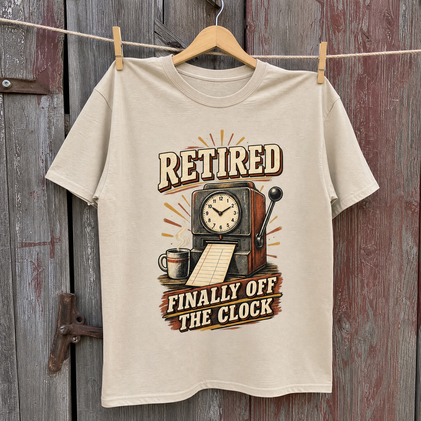 Beige vintage t-shirt with printed “Retired Finally Off The Clock” design, hanging front view