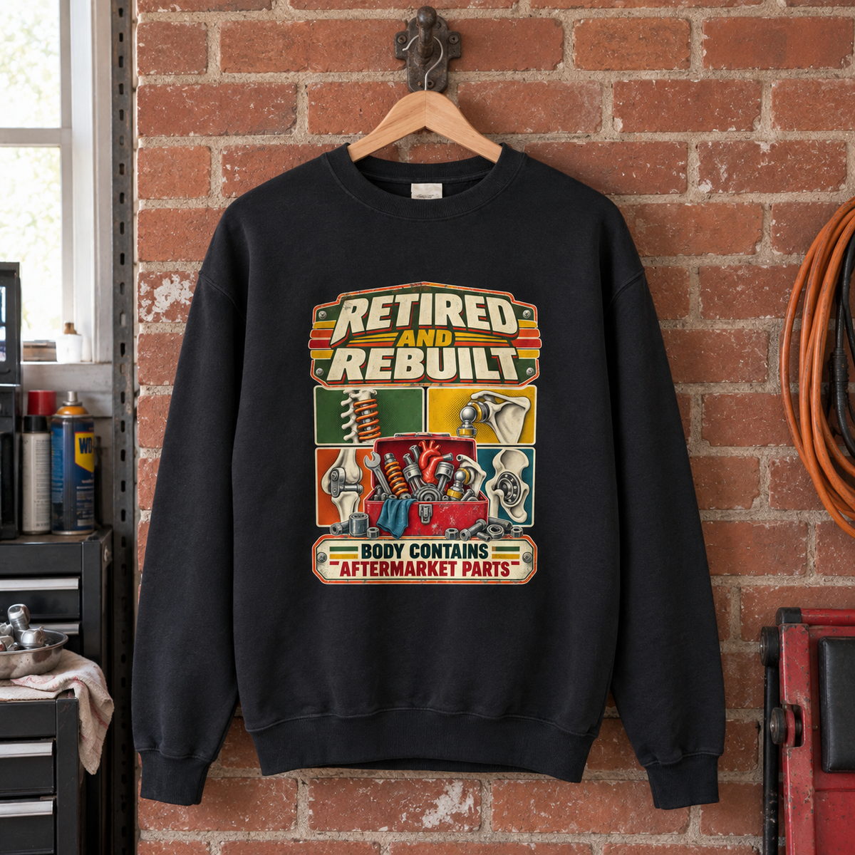 Black vintage sweatshirt hanging against brick wall, printed Retired And Rebuilt. Body Contains Aftermarket Parts