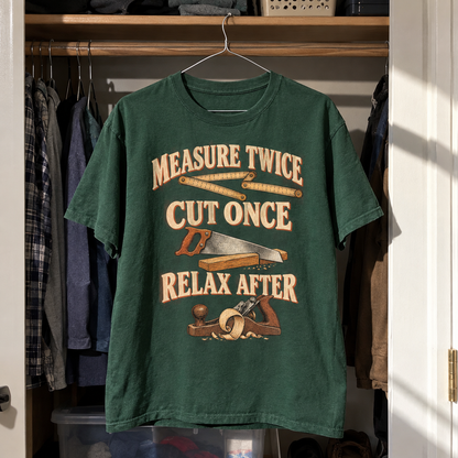Green vintage t-shirt hanging with printed Measure Twice Cut Once Relax After slogan design

Would you like the slogan