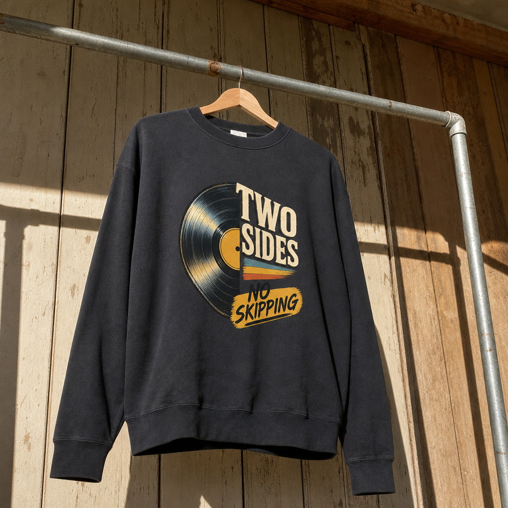 Black vintage sweatshirt with printed “Two Sides. No Skipping” record design, hanging on wooden hanger