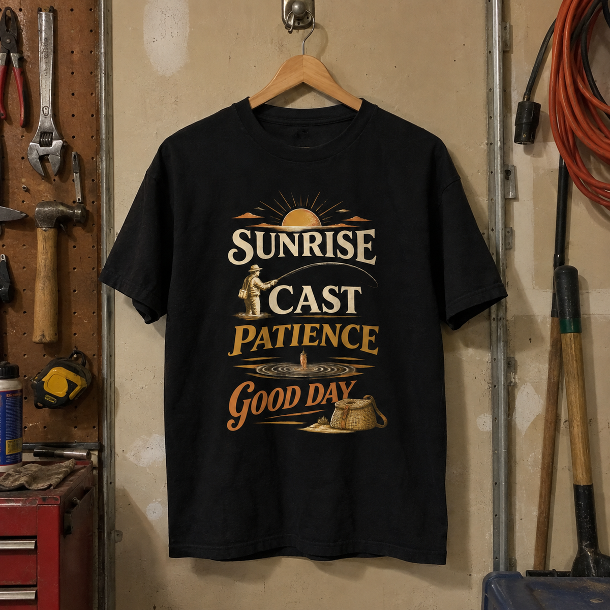 Black vintage t-shirt hanging with printed Sunrise Cast Patience Good Day fishing design.