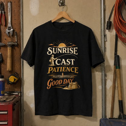 Black vintage t-shirt hanging with printed Sunrise Cast Patience Good Day fishing design.