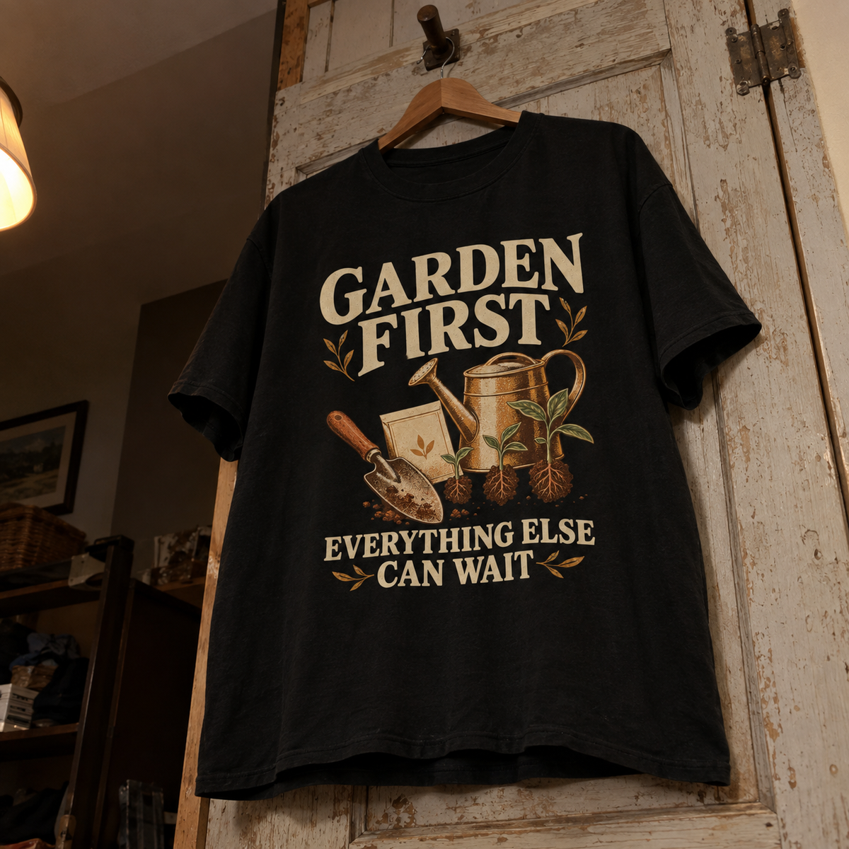 vintage t-shirt on hanger with Garden First. Everything Else Can Wait printed design