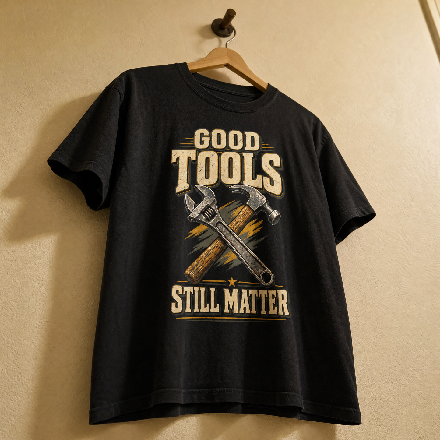 Black vintage t-shirt hanging with printed Good Tools Still Matter wrench and hammer design