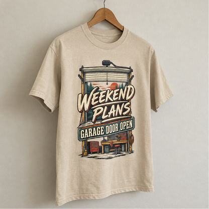 Cream vintage t-shirt hanging with printed Weekend Plans Garage Door Open garage illustration