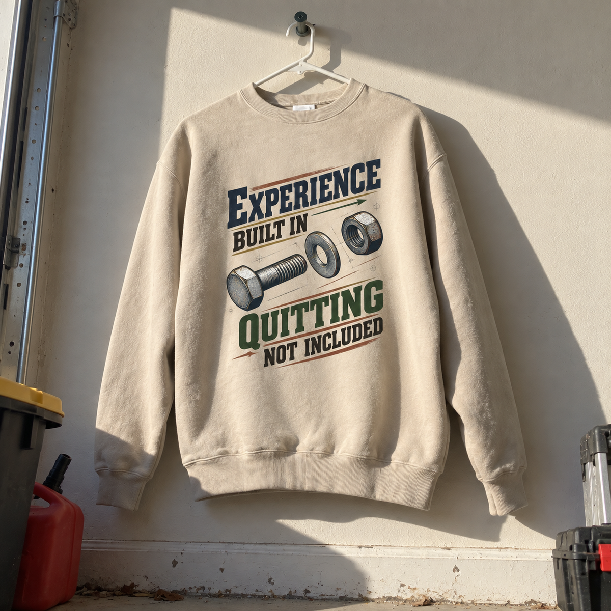 Cream vintage sweatshirt hanging with bolt print and Experience Built In Quitting Not Included slogan