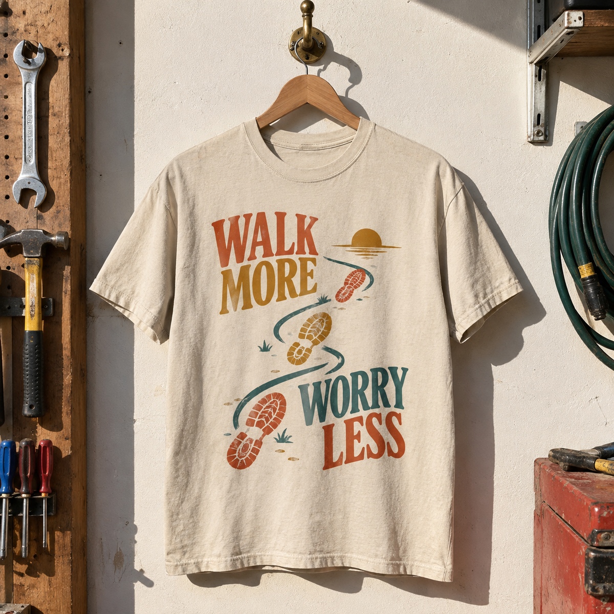 Vintage t-shirt hanging outdoors with printed Walk More. Worry Less hiking design and colorful footprints