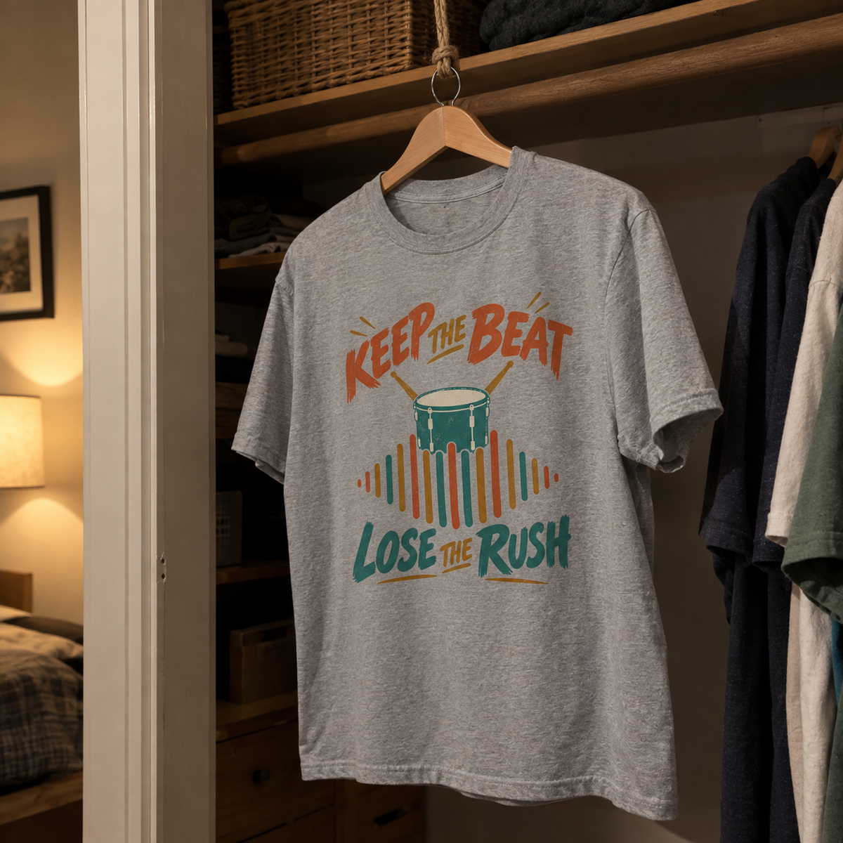 Gray vintage t-shirt hanging with printed Keep The Beat Lose The Rush slogan