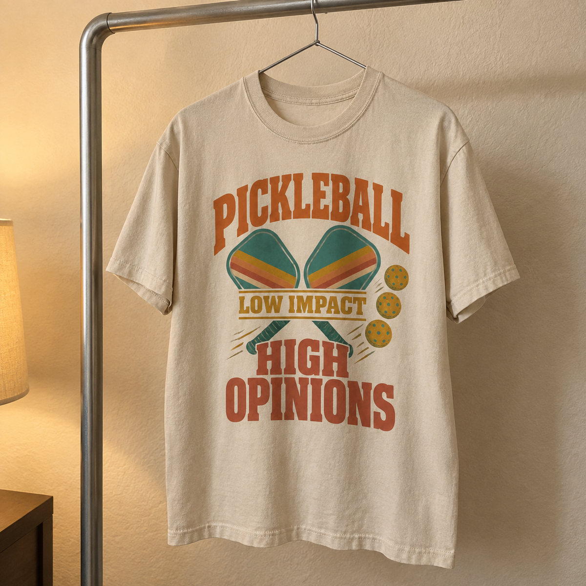 Vintage t-shirt in cream with printed Pickleball Low Impact High Opinions design, hanging view