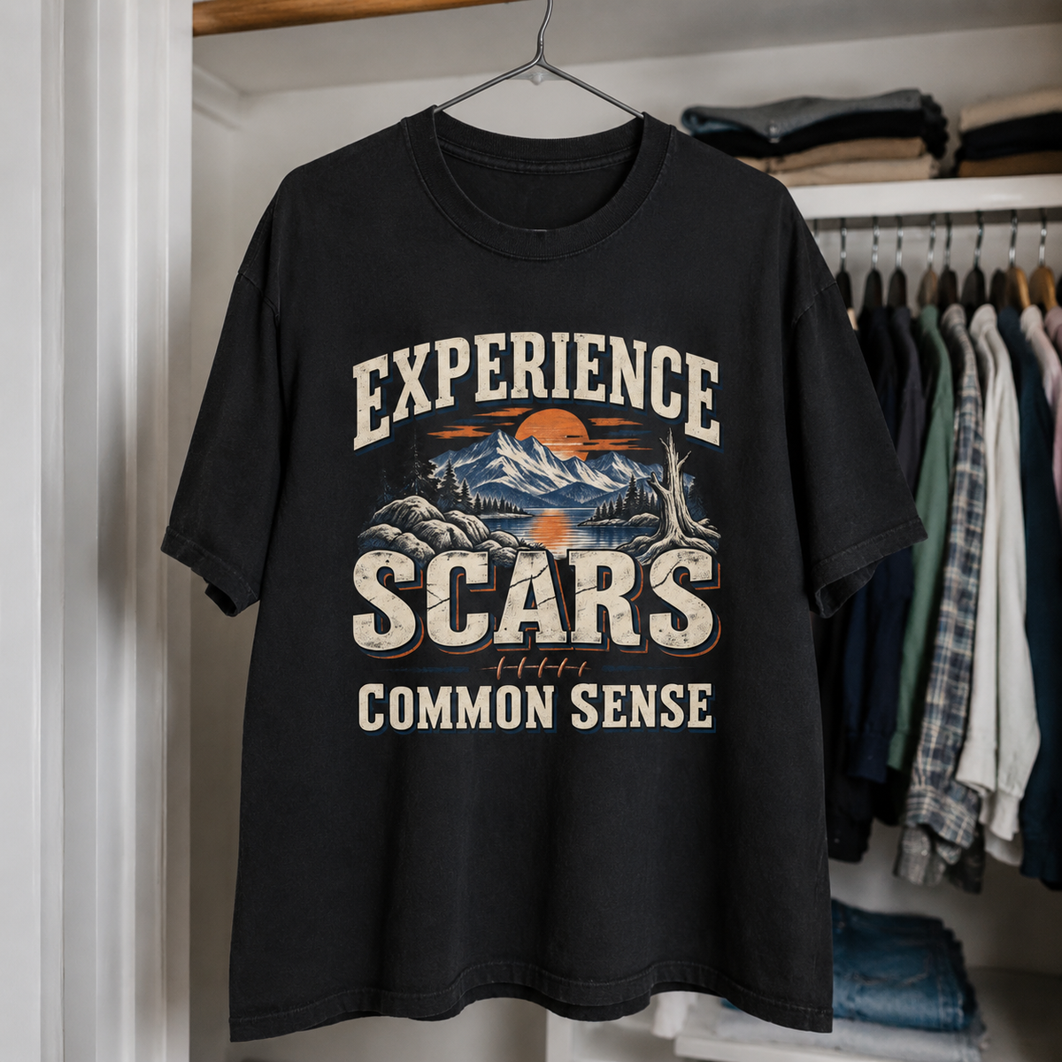 Black vintage t-shirt hanging with printed Experience Scars Common Sense mountain design