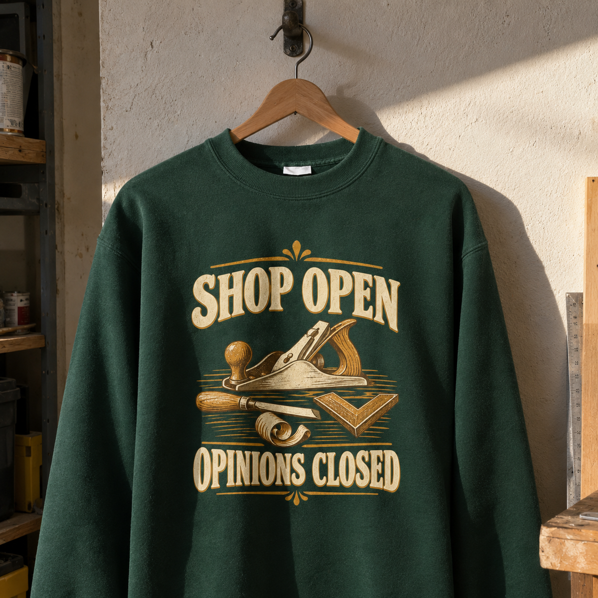 Green vintage sweatshirt with Shop Open Opinions Closed printed design, hanging on wooden hanger