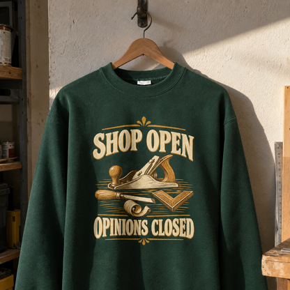 Green vintage sweatshirt with Shop Open Opinions Closed printed design, hanging on wooden hanger