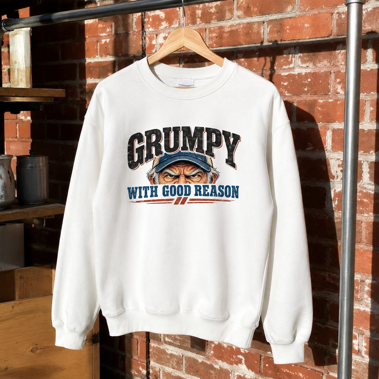 White vintage sweatshirt printed with Grumpy With Good Reason design, hanging against brick wall.