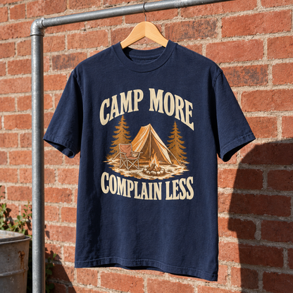 Navy vintage t-shirt hanging with Camp More Complain Less printed camping design