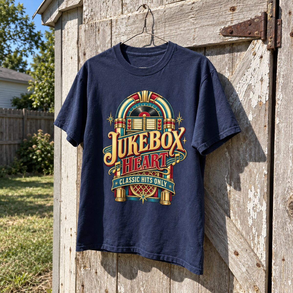 Navy vintage t-shirt hanging on wooden door with printed Jukebox Heart Classic Hits Only design