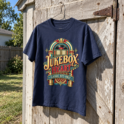 Navy vintage t-shirt hanging on wooden door with printed Jukebox Heart Classic Hits Only design