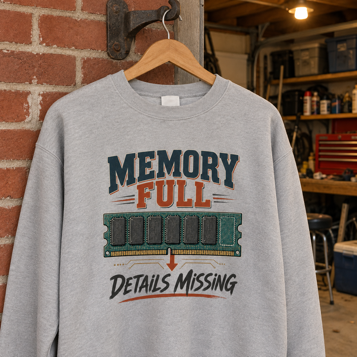Gray vintage sweatshirt hanging on a wooden hanger with printed Memory Full Details Missing RAM graphic.