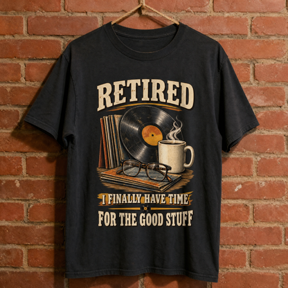 Vintage t-shirt hanging with printed “40 time for the good stuff” slogan in distressed style